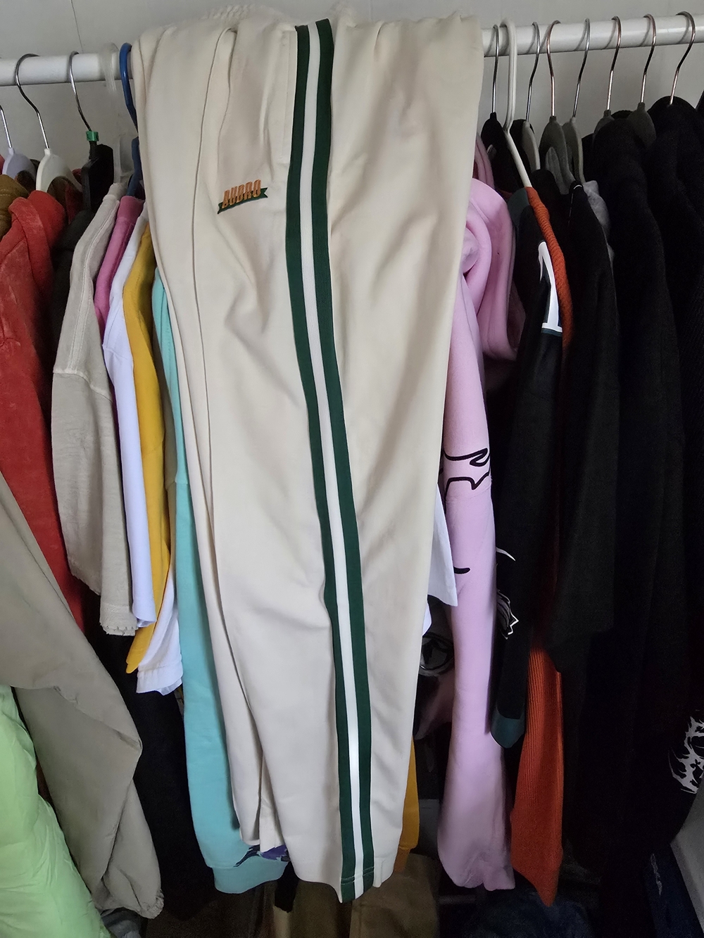 Cream Jogger Sweatpants with Green Stripes